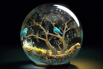Sphere Containing a Beautiful Tree with Birds, Symbolizing Renewal, Growth, and the Circle of Life, Ideal for Eco-Friendly and Earth day Concept, Genearative AI