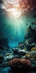 Fototapeta na wymiar A Underwater Scene With a lot of Corals and Fish in The Water and Sunlight Shining Through The Water'S Surface and The Ocean Floor Below It Climate Changes Generative AI
