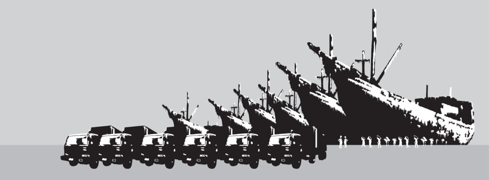 Digital illustration of wooden ships, container trucks, porters at Sunda Kelapa port, Jakarta