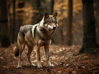 Naklejka na ściany i meble A lone wolf standing strong and fearless in a forest clearing