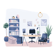 A flat illustration of a scene on a white background with Office decor the office space, highlighting the decor, furnishings, and unique features