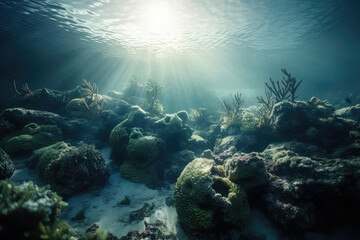 Fototapeta na wymiar A Underwater View of A Coral Reef With Sun Shining Through The Water and A Few Small Fish Swimming Around It, and A Few Small Fish Swimming Around Climate Changes Generative AI