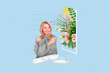 Creative collage picture of cheerful lovely lady hands hug shoulders fresh spring flowers window...