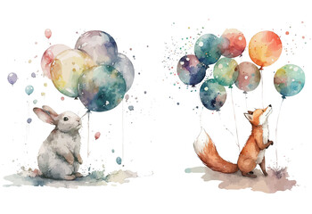 Fox and rabbit with balloons in watercolor style. Isolated . Generative AI - obrazy, fototapety, plakaty