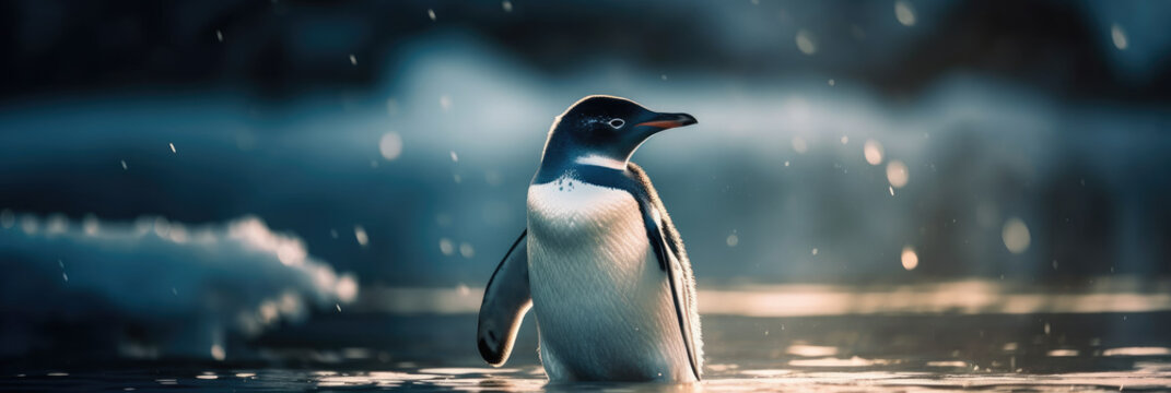 A Penguin Standing in The Water With Rain Falling Down on It'S Back Legs and Head and Neck, With A Blurry Background of Water and A and A Polar Bear, Climate Changes Generative AI