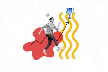 Photo collage artwork minimal picture of purposeful guy running winning prize isolated drawing...