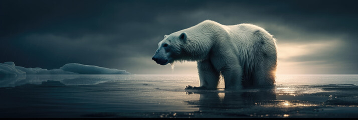 A Polar Bear Standing in The Water With Icebergs in The Background and A Dark Sky in The Background With Clouds and A Dark Sky Lightening Behind It Climate Changes Generative AI