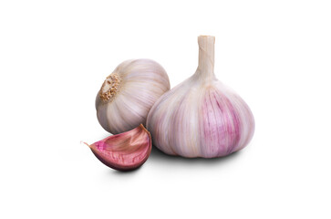 A whole fresh garlic head and clove segment isolated against a transparent background.
