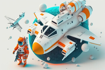 Isometric composition with astronaut in orange spacesuits a spaceship on white background, planet, icon, Space exploration, AI Generative