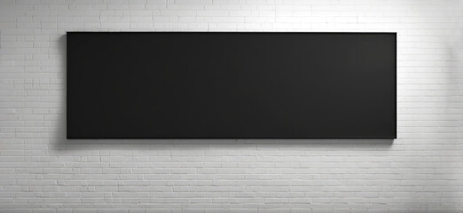A blank blackboard on a white wall. A clean black board on a fairly clean white brick wall. Generative AI.
