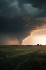 A Large Storm Cloud Looms Over A Field of Grass and Trees at Sunset, With A Dirt Road  and A Lone Tree Climate Changes Generative AI