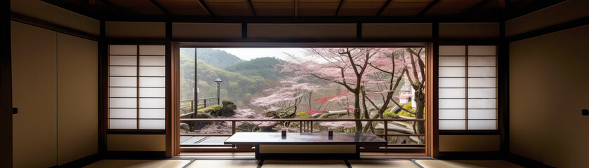 Japanese onsen ryokan. cherry blossoms outside. Spring season. Tradaitonal style architecture ryokan. Wide format. Generative AI.  - obrazy, fototapety, plakaty