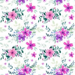 Watercolor seamless pattern with purple flowers and green leaves. Cute pattern for decoration, stationery, textiles, wrapping paper and scrapbooking. cute vintage style