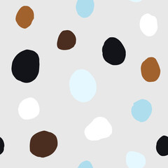 Seamless neutral polka dots pattern. Brown, blue hand-drawn circles on grey background. Abstract points ornament. Vector boho dotted illustration for wallpaper, fabric, print, wrapping paper, textile