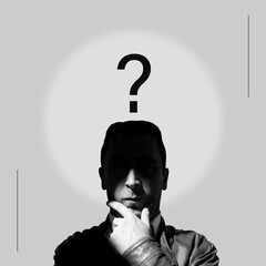 Digital collage with thinking man and question sign