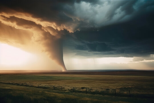 A Large Funnel Cloud Is Seen in The Distance Over A Field With A Fence and A Field  With A Fenced in Area  and A Large Field in Area With A Large Field  Climate Changes Generative AI