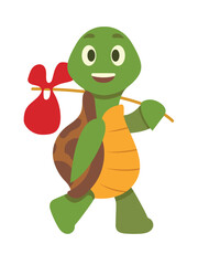 Concept Cartoon turtle. This is a flat vector cartoon illustration on a white background, featuring a cute turtle carrying a bag. Vector illustration.