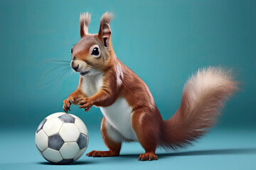 Squirrel with a Soccer Ball on Blue Background, Generative AI - 591502762