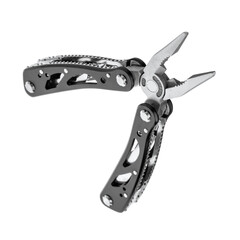 Steel multitool isolated on white background. Opened multitool with pliers, file, blade, screwdriver, bottle opener and saw, with a white background. Multi tool with expanded tools and pliers 