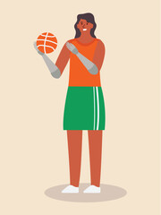 Concept People with disability women. This is an inclusive illustration of a woman with a prosthetic hand playing basketball, depicted in a flat cartoon style. Vector illustration.