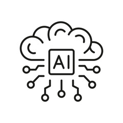 Artificial Intelligence Symbol on White Background. Human Brain with Circuit. Digital Technology Concept Black Line Icon. Tech Science Linear Pictogram. Editable Stroke. Isolated Vector Illustration