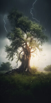A Tree With A Lightning Bolt in The Background and A Sky With Clouds and Grass and A Dark Sky With A Few Clouds and A and A Tree With A Storm Coming Down  Climate Changes Generative AI 