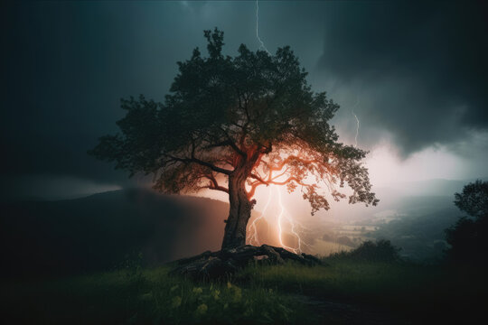 A Tree With A Lightning Bolt in The Background and A Dark Sky With Clouds and Trees  and A Dark Sky With A Few Clouds and and A Tree With A Lightning Bolt  Climate Changes Generative AI