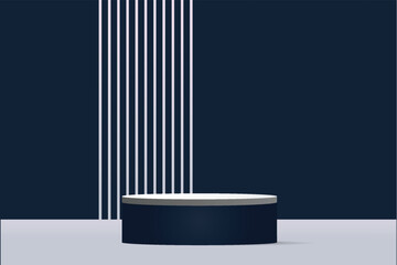 Luxury White Cylinder Product Stand in Blue Room - Studio Scene for Minimalistic Product Display (3D Rendering)