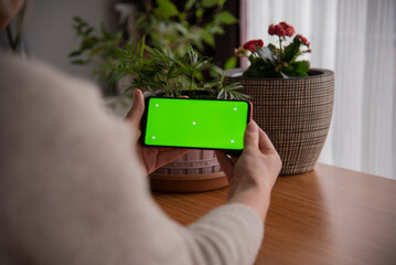 Young ueropen woman holding a phone in hands with green screen . She is sits by the table in the...