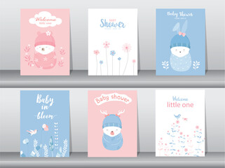 Set of happy birthday, holiday, baby shower celebration greeting and invitation card.Cute baby animals .Vector illustrations.