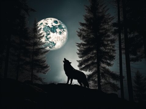 A lone wolf howling at the full moon in the dark forest