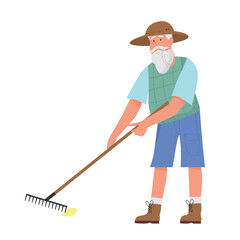 Gardener man raking grass. Farming activity, gardening instruments vector illustration