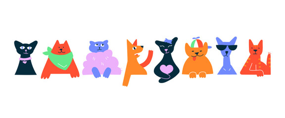 Different funny domestic cats sit and look straight ahead. Horizontal banner template. Set of hand drawn cartoon flat vector illustration.