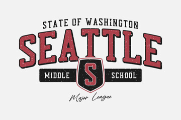 Seattle, Washington middle school shield t-shirt design. College or university style tee shirt with shield. Seattle vintage sport apparel print with grunge. Vector.