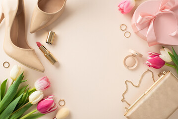 Trendy Mother's Day concept. Top view flat lay of high-heels, handbag, gift box, tulip flowers, lipstick, makeup brushes, and earrings on a pastel beige background with empty space for text or advert