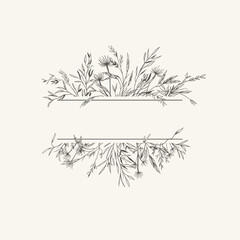 Rectangle banner frame with meadow herbs. Botanical background with dry grass. Black and white. Engraving style. Layout border for invitations card, postcards, logos, covers, labels.