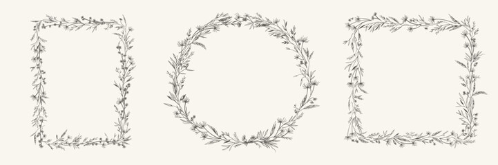 Botanical set frames with meadow herbs. Wreath with dry grass. Black and white. Vector illustration. Line art. Layout border for invitations card, postcards, logos, covers, labels.