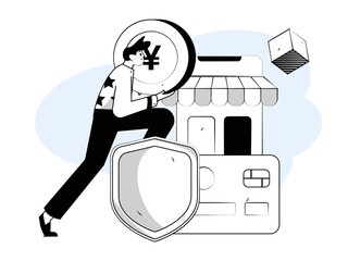 Online shopping payment safety characters flat vector concept operation hand drawn illustration
