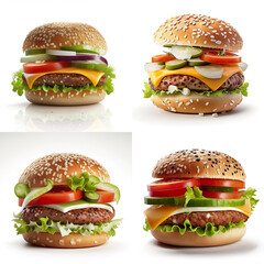 Set of Juicy delicious appetizing burgers. On a white background. AI generated