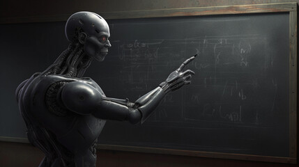 artificial intelligence or robot teaching, robotic teacher in classroom. generative ai