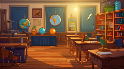 cartoon illustration of a school, books and desks. generative ai