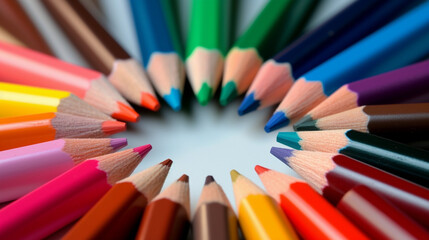 Fototapeta premium macro close up several colored pencils on white background. generative ai