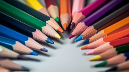 Fototapeta premium macro close up several colored pencils on white background. generative ai