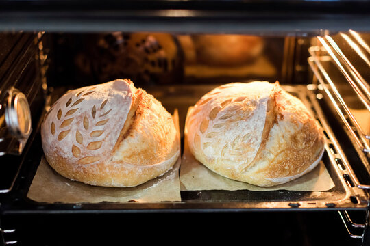 Freshly baked sourdough bread in oven