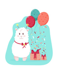 White cartoon alpaca with balloons and giftes. Illustration for Birthday card, greeting card, print. Isolated on white background. Flat style. Vector