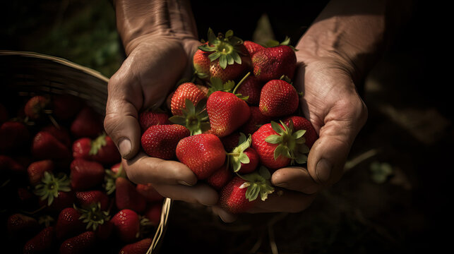 H&auml;nde mit frisch gepfl&uuml;ckten Erdbeeren (Generative AI)