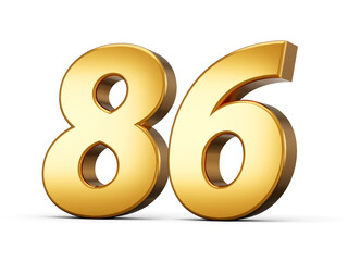 3d Shiny Gold Number 86, Eighty Six 3d Gold Number Isolated On White Background, 3d illustration