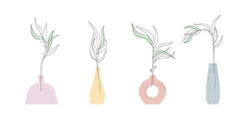 Branches in vases in One continuous line style. Single line colored drawing of plants in scandinavian style. Line art. Editable stroke outline silhouette of beautiful flower. Modern Vector with leave