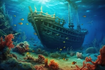 Naklejka premium Underwater landscape with sunken sail ship. Ai. Shipwreck underwater of deep sea.