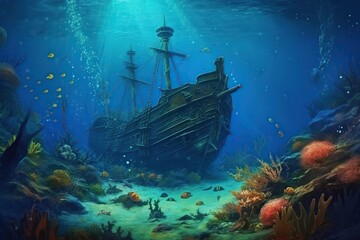 Obraz premium Underwater landscape with sunken sail ship. Ai. Shipwreck underwater of deep sea.